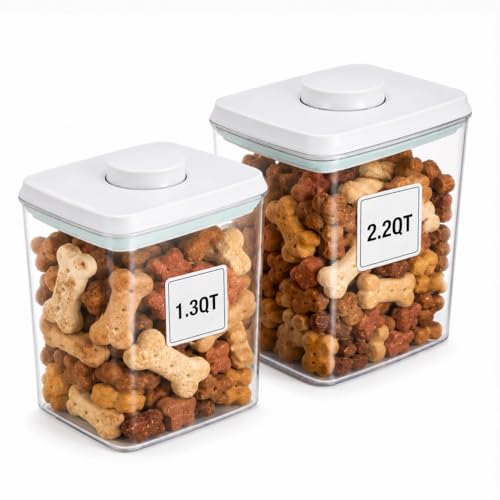 Pet Dog-Cat POP-Treat Airtight jar-Container - 1.3 Qt/1.2 L and 2.2 Qt/2 L | Stackable One-Touch Opening | For Snacks Candy Salt Herbs Spices | BPA-Free - size: 1.3Qt&2.2Qt