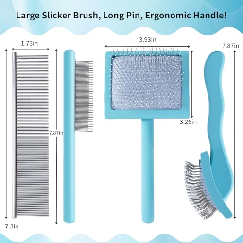Blue Slicker Brush Long Haired Dog Wooden Handle Coated Pins | Gently Grooming Slicker Brush, Ergonomic Wooden Handle, Long-Haired Dogs, Long Pins for Grooming Goldendoodles Poodles - color: Blue