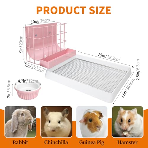 BESNEW 3 in 1 Rabbit Hay Feeder with Litter Box,Upgraded Metal Hay Rack & Litter Tray & Water Bowl,Quick Cleaning,Easy to Install,Bunny Supplies for Rabbit Guinea Pig Chinchilla Small Animals - color: Pink, size: 10in set