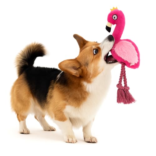 Plush Flamingo Dog Toy with Squeaker and Rope Legs for Small Dogs Puppies | Soft plush material with fun sounds, perfect for tugging, fetching, indoor play and bonding with your furry companion. - color: Pink Flamingo