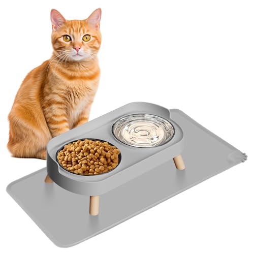 Elevated Cat Bowl with Food Mat, Raised Cat Food and Water Bowl Set for Indoor Cats, Splash Proof with 2 Stainless Steel Pet Food Bowls for Cats and Puppies,Whisker Fatigue and Dishwasher Safe (Grey) - color: Cat Bowls with mat - grey