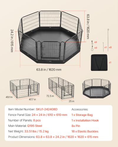 VEVOR Dog Playpen, 24 Inch 8-Panel Puppy Pen with Waterproof Bottom Pad - size: 63.8 x 63.8 x 24.2 in