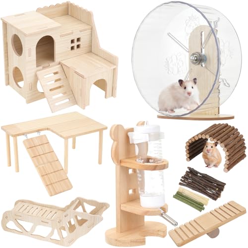 Hamster Toys Complete Set - Noiseless Silent Exercise Wheel, Maze Wood House, Stand, Chew Toys & Water Bottle Cage Accessories for Hamster, Rat, Mice Small Animal Habitat