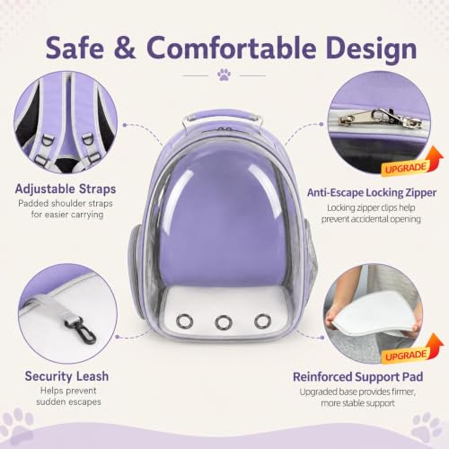 Expandable Cat Carrier Backpack with Bubble Window, Purple | Breathable mesh, anti-collapse frame, side door, safety leash and escape-resistant zippers for vet visits and outdoor travel. - color: Purple