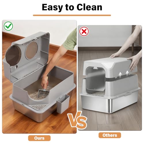 Stainless Steel Litter Box with Lid, XL Large Enclosed Cat Litter Box | Metal Cat Litter Box for Big Cats with High Sided,Anti-Leakage,Front & Top Entry,Includes Mat & Scoop - size: XL (Enclosed)
