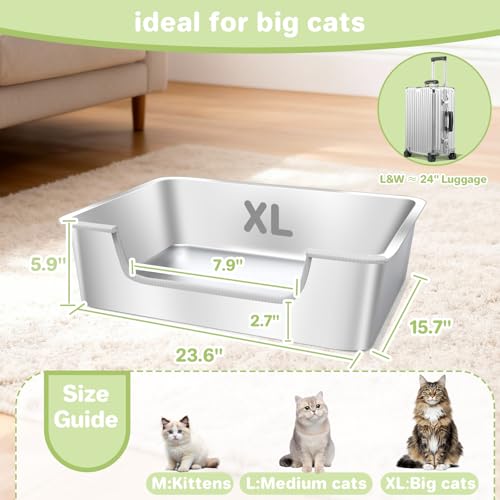2-Pack Low Entry Litter Box for Senior Disabled & Injured Cats, Stainless Steel High Sided Enclosed Easy Step in Entry-Large Metal Kitty Litter Box for Kittens, Odor Control (23.6"x15.7"x5.9") - size: 2PACK-23.6"x15.7"x5.9"-XL