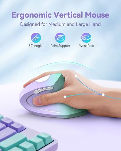 TECKNET Ergonomic Mouse Vertical Wireless with 2.4GHz USB A Receiver | 4800 DPI Optical Tracking, 12 Months Battery Operated, Carpal Tunnel Mice, 6 Buttons, Quiet, for Laptop, PC - Green Purple - color: Green Purple