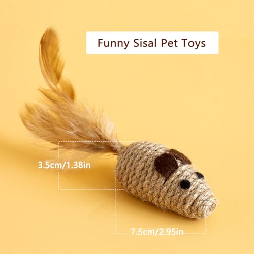 3 Pack Cat Mouse Toys with Feather Tail Rattling Noise Sound Natural Sisal Cat Toys Teeth Cleaning Dental Chew Toys Interactive Cat Mice Toy Mice Cat Toys for Indoor Cats Kittens Puppies