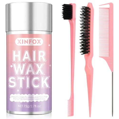 Hair Wax Stick, Slick Back Hair Brush, Wax Stick for Flyaways, Rat Tail Comb Edge Brush Styling Tool Set Accessories for Women Girls(Pink) - color: 4 Piece (Pink)