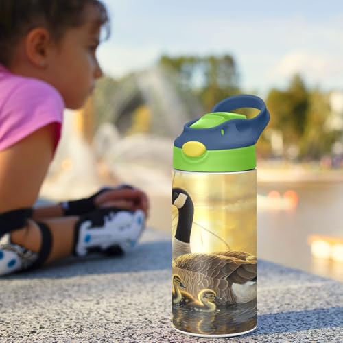 OTVEE Canada Geese Goslings Kids Water Bottle with Straw Lid 12 oz Insulated Stainless Steel Leakproof Duck Mouth Tumbler Cup for Boys Girls Teen School - color: Canada Geese and Goslings