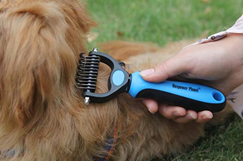 Maxpower Planet Pet Grooming Brush - Double Sided Dematting Undercoat Rake for Dogs and Cats, Extra Wide Pet Brush to Reduce Shedding by 95% (Blue, S) | 9 & 17 Teeth, Deshedding & Dematting Tool, Long & Thick Double Coats, Non-Slip Handle, Reduces Sheddin