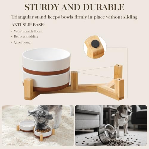 MALACASA Ceramic Dog Bowls Small Size Dog with Wood Stand, 1.5-Cup Ceramic Puppy Bowls for Cats & Small Dogs, Dual Food and Water Bowls with Weighted Non-Slip Base, Glaze Matte,14 Oz - color: Vanilla White（2 PCS with Stand）, size: S-1.5 Cups