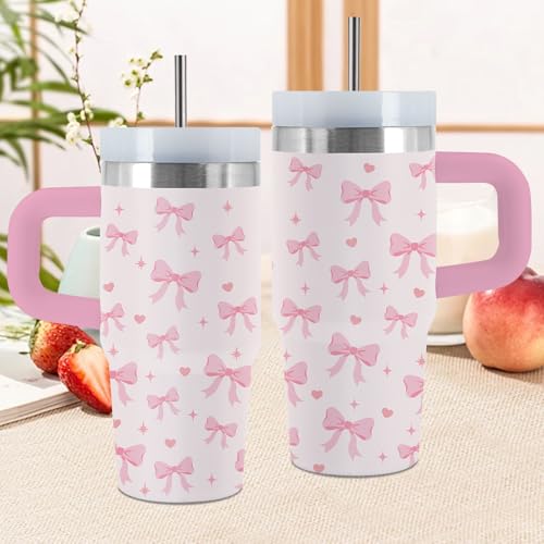 Bow 14 oz Tumbler, with Handle Straw, Stainless Steel Travel Cup | 14 oz Insulated Water Bottle, Travel Vacuum Coffee Mug, Thanksgiving Christmas Birthday Gift for Daughter, Bow Lover Gifts - color: Bow-Pink