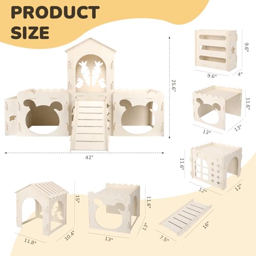 Extra Large Rabbit Castle, Wooden Bunny House & Hay Feeder, Detachable Rabbit Hideaway, Indoor Rabbit Castle with Ramp, Small Animal Houses & Habitats with Sisal Mat - size: 4 House with 2 Mat