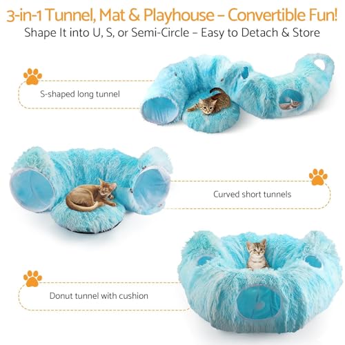 Cat Tunnel Bed, 3-in-1 Collapsible Cat Tube with Removable Washable Cushion, Multi-Shape (U/S/Half-Round) Playhouse with Peekaboo Holes, Hanging Balls & Cat Ears for Cats, Small Dogs, Rabbits - color: Sky Blue