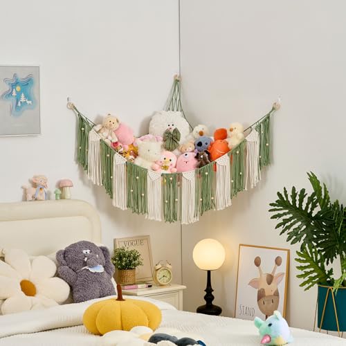 Stuffed Animal Hammock with Weaving Tassels and Beads Sage Green - color: Sage Green