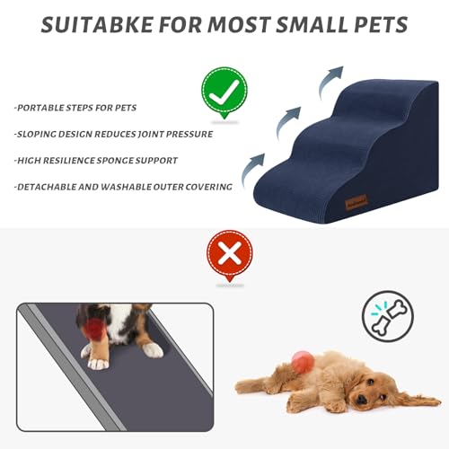 Dog Stairs and Steps for Beds Or Couches, 3-Step Pet Stairs & Steps for Small Dogs and Cats, Soft and Non-Slip Dog Ramp for Older Dogs,Pet with Joint Pain,Easy to Walk | 15.7" H Non-Slip Sturdy Dog Steps with Curved Ramp for Senior,Short-Legged Dogs,Puppy