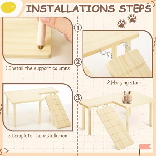 BreezeHug 4 Pcs Hamster Cage Accessories Hamster Platform Hideout Wooden Tunnel Ladder Playhouse Game Climbing Toy with Platform for Pets Dwarf Syrian Mice Degus Gerbils Squirrel(Loft) - style: Loft