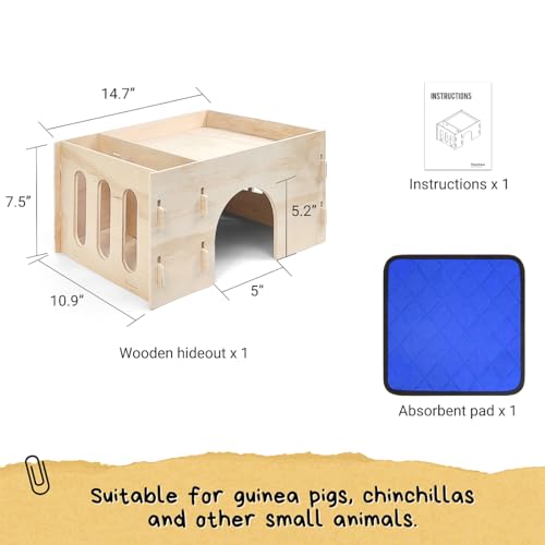 Guinea Pig Hideout with Hay Feeder & Absorbent Mat, Wooden | Chinchilla House with Multiple Window, Small Animal Hut Castle for Dwarf Rabbit