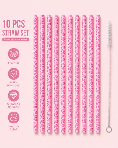 10Pcs Pink Reusable Leopard Straws Cheetah Print Straws | Hard Plastic Cheetah Animal Straws with Cleaning Brush Fun Leopard Print Straws for Animal Print Birthday Party Decoration - color: Pink