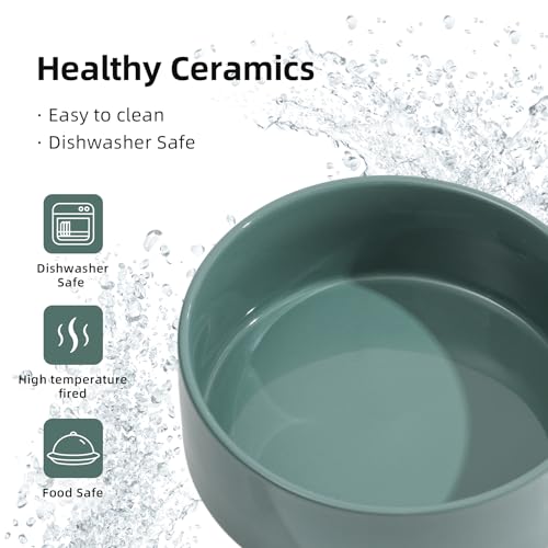 Havniva Raised Cat Bowl, 6.1” Elevated Ceramic Cat Food and Water Bowl Set | Cat Bowls Elevated, Whisker Friendly Cat Bowl, Non-Slip Wood Stand, Food-Grade Ceramic, Wide Opening, Dishwasher Safe - color: 2 x Bowl + Stand - Dark Green, size: 6.1inch