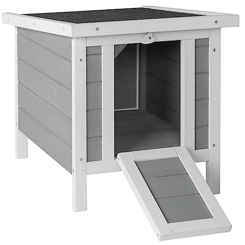 Wooden Bunny House Rabbit Cat Hutch, Feral Cats Outdoor Weatherproof Rabbit Hutch w/Ramp, Lockable Doors, Openable Top, Small Pet House for Rabbits, Bunnies, Guinea Pigs, 16.5" x 20.5" x 17.3" - color: Gray