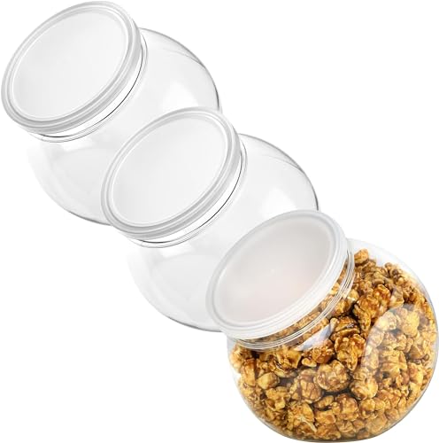 3 Pack Plastic Candy Jar - 48oz Round Candy Jars with Lids for Candy Buffet, Kitchen & Office Desk - Plastic Jars with Lids for Candy, Cookies & Snacks - Clear Jar with Labels BPA-Free