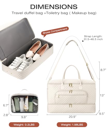 Travel Duffle Bag, Wide Open Large Weekender Bag for Women with Shoe Compartment, Carry on Overnight Bags with Toiletry Bag, Hospital Bag for Women Labor Delivery with Wet Pocket (Cream) - color: Cream, size: 45L