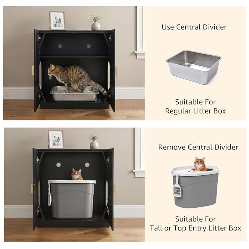 unipaws Tall Cat Litter Box Enclosure for Tall or Top Entry Litter Box | Hidden Litter Box Cover with Shelves, Kitty Enclosed Litter Box Cabinet, Cat Box Furniture - color: Black