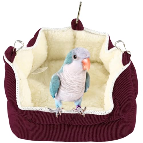 QBLEEV Bird Nest House, Parrot Winter Warm Bed for Cage Hanging Hammock | Soft plush snuggle hut tent, parrot cage accessories hideaway sleeping bed for budgie parakeet cockatiel conure lovebird - color: Red