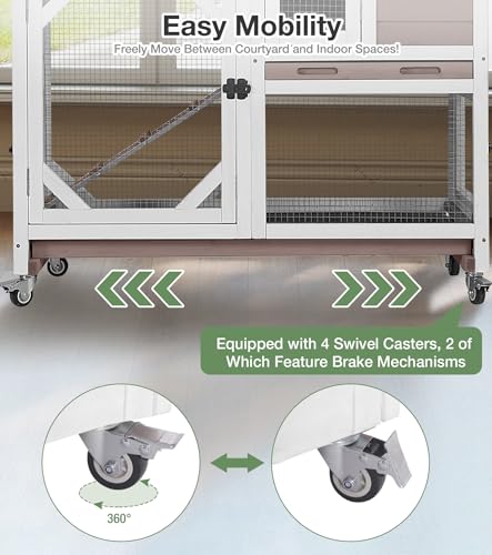 Rabbit Hutch 2-Story Wooden Bunny Cage with 2 Leak-Proof Sliding Trays, Chew-Proof Metal Mesh, Rainproof Cover, Indoor & Outdoor Guinea Pig House with Wheels - Brown - color: 39"L Brown