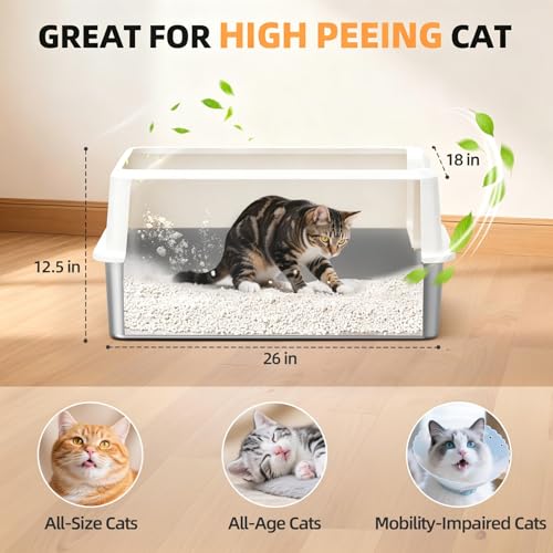 WoofiGo XXL Stainless Steel Cat Litter Box, High Sided Open Top Litter Pan | Anti-Urine Leakage Design, Spacious Interior for Big Cats, Non-Stick, Odor Resistant, Easy Clean, Scoop Included (White) - color: 24 - White (Pack of 1)