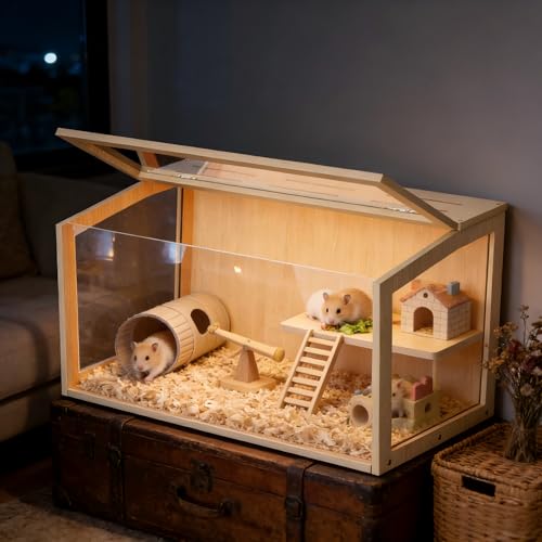 Hamster Cage: 32Inch Wooden Small Animal Cage with Warm Light | Large Clear Hamster House Chewy Proof with Openable Breathable Top - size: 31.5"L x 15.8"W x 15.8"H
