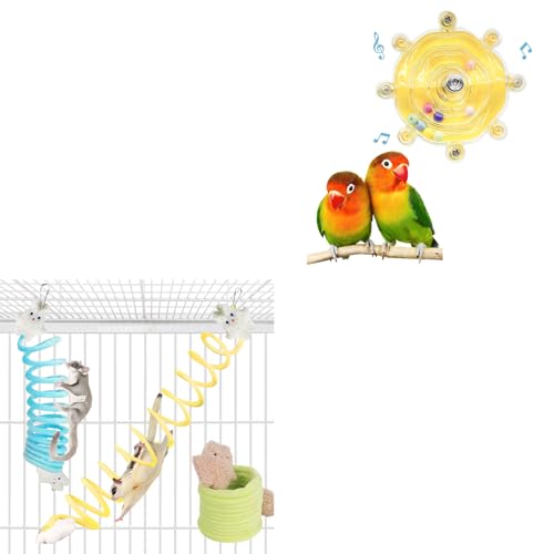Bird and Small Pet Activity Set Spinner Wheel and 3 Elastic Ropes for Parakeets Sugar Gliders and Rodents 1PC Colorful Wheel and Green Blue Yellow Ropes