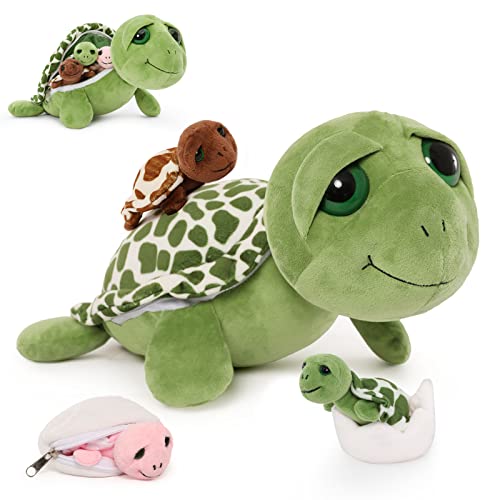 Turtle Stuffed Animals with 3 Babies, 14" Sea Turtle Plush, Green | 3 Baby Sea Turtle Plushies & 2 Eggs; Mother and Baby Plushiea; Zipper Belly Hide-and-Seek; Birthday & Christmas Gift for Kids - style: Turtle Green