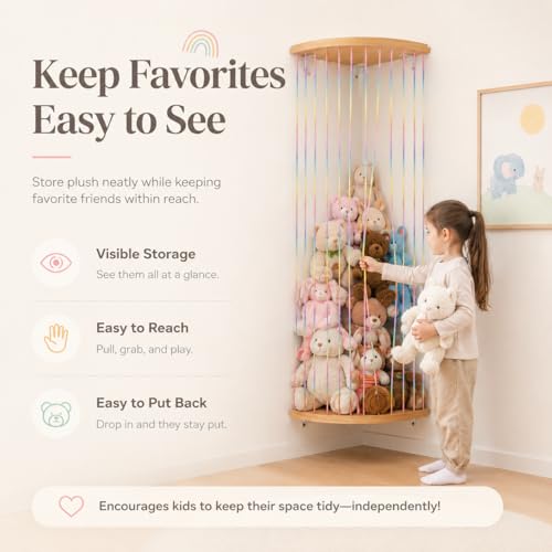 Corner Hammock Shelf with Adjustable Length, Wooden Hanging Wall Storage Organizer, Space Saving Net Shelf for Bedroom, Playroom and Home Décor - style: Rainbow sector