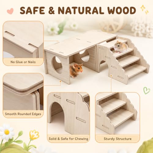 2 Pcs Hamster Hideouts, Wooden 2 Chamber Hideout Tunnel Hamster Platform with Climbing Ladder