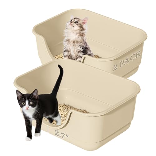2 Pack Low Entry Small Litter Box for Kittens, Kitty Plastic Litter Boxes, Open Top, Anti-Splash High Sided Litter Tray Pan for Medium Pets, Puppy, Easy to Clean, 15.7"L*11.8"W*6.7"H (Beige) - color: Beige-2 Pack