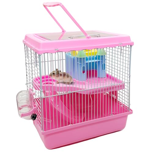 Tfwadmx Hamster Carrier, Dwarf Hamster Travel Cage, Portable Cages with Water Bottle, Gerbil Travel Carry Case Outdoor Vacation House for Small Mice(Pink,10.6”x8”x11.4”) - color: Pink