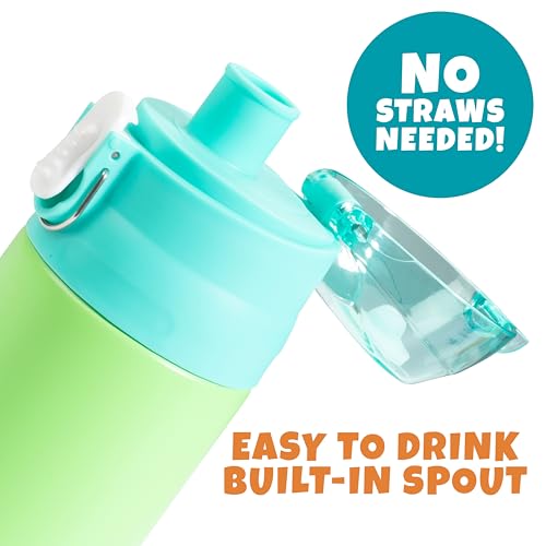 Bentology Stainless Steel 13 Oz Reusable Water Bottle for Kids, Green | Double Wall Insulated, Spill Proof Lid W/Built-in Straw- Keep Liquids Hot or Cold- Easily Fits in Lunch Boxes & Bags - color: Green