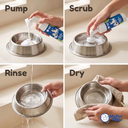 My Pet & Me Dog Bowl Cleaner Mousse, Built-in Scrub Brush, Enzyme Foam | Enzyme foam for slime & biofilm. Unscented, rinses clean. Steel, ceramic & plastic safe. Bowls, fountains & toys. 4.05 oz