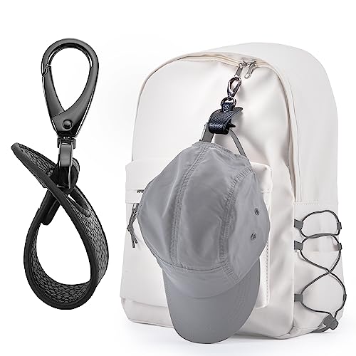 Hat Clip for Travel, Cap Holder Strap for Bags | Faux leather tab, zinc alloy clasp, fits baseball snapback and ponytail caps, mouse ear holder, hands free travel - color: Black