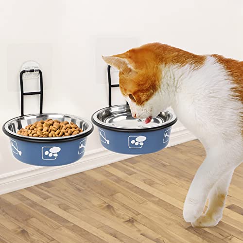 Torlam Cat Feeder, Wall Mounted, Raised Stainless Steel Bowls with Stand, Nonslip No Spill, 2 Packs (Blue) - color: Blue