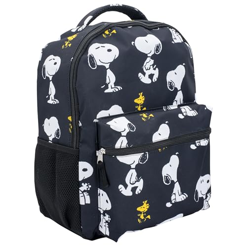 AI ACCESSORY INNOVATIONS Peanuts 16” Backpack With Front Pocket for Girls & Boys, Allover Print Bookbag Featuring Snoopy & Woodstock, Black - color: Black