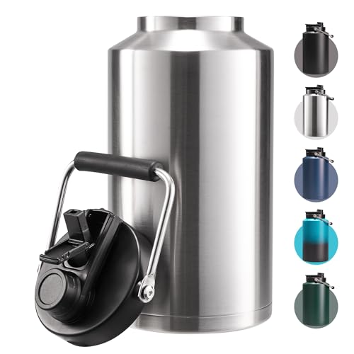 Fijinhom One Gallon Insulated Water Bottle for Travel: 2-in-1 Straw and Spout Lid, Keep Cold 24Hrs, Leakproof, 128oz Water Jug With Handle, Vacuum Stainless Steel for Sports, Hiking, Trip(Stainless) - color: Stainless, size: 128 Ounces