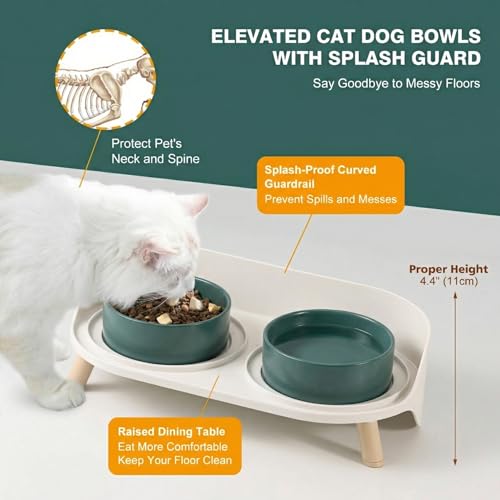 Raised Cat Food and Water Bowl Set - Elevated Ceramic Dishes with Non-Slip Stand and Splash Guard for Small Dogs - 2 x 320 ML (4.9 OZ) - Green - color: Green, size: Small