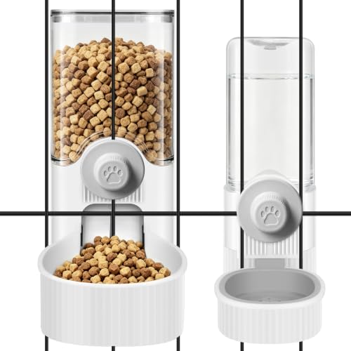 Hanging Cage Auto Small Pet Feeder Waterer Set for Puppy Cats, White | 1.2L Self-Feeding Feeder, 0.52L Waterer Set, Non-Spill Auto Gravity Kennel Feeding Station For Puppy Cats Rabbit Ferret - color: Pure White