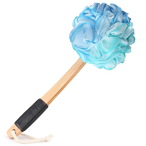FORENEE Blue, Green and White Loofah on a Stick, PE Mesh Back Scrubber | Soft PE mesh for rich lather and gentle cleansing; water-resistant coated wood handle, non-slip rubber grip and hanging loop - style: Blue Green White