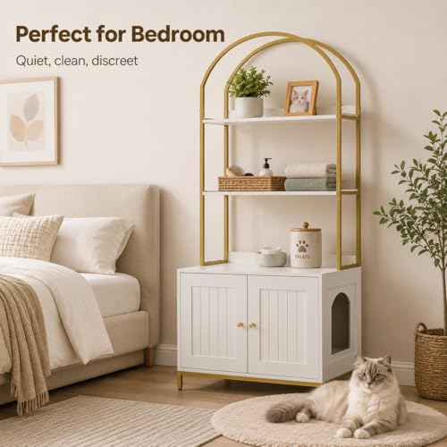 Homhedy Cat Litter Box Enclosure with 2-Tier Shelves, White and Gold | Litter Box Furniture Hidden, Indoor Cat House, Wooden Cat Washroom Furniture with Metal Frame, Modern Style - color: White and Gold