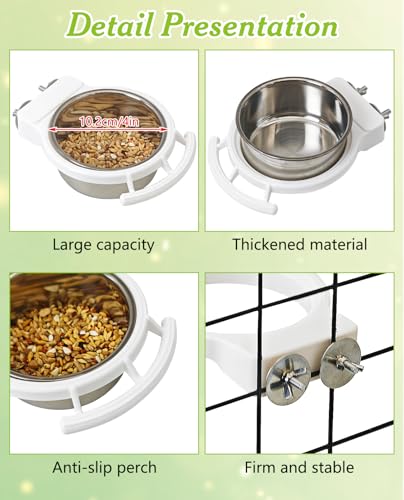 BNOSDM Hanging Stainless Steel Bird Bowls 4 PCS Bird Feeding Dish Cups with Perch Stand Parrot Food Container Food and Water Bowls with Spoon for Budgie Cockatoo Finch Lovebirds Pigeons (White) - color: 4 Pcs White